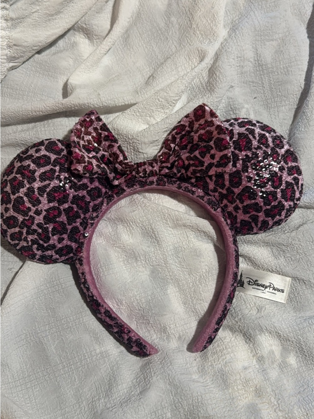 Disney Kids Pink Leopard Sequin Minnie Ears Headband